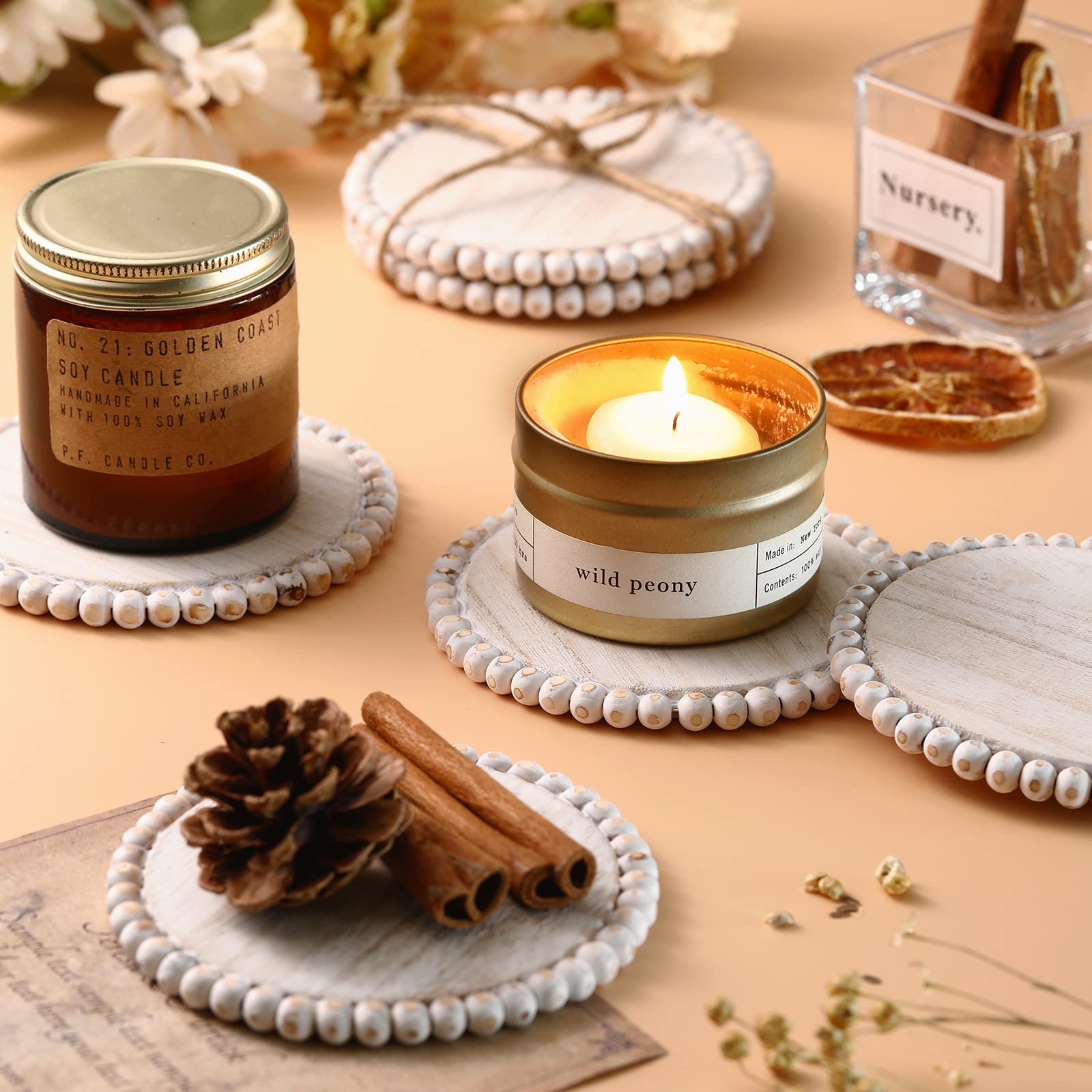 Honeydak 6 Pcs Beaded Wood Coasters Sets 3.94 Inches Round Beaded Farmhouse Coasters Home Wood For Drinks Bar Table Top Home Kit